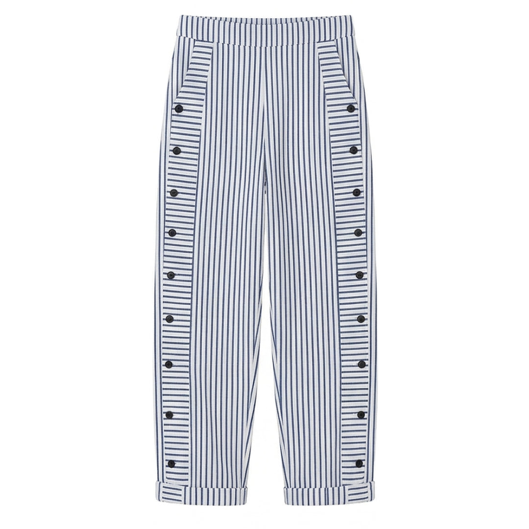 Striped Cotton Pants with Button Trim