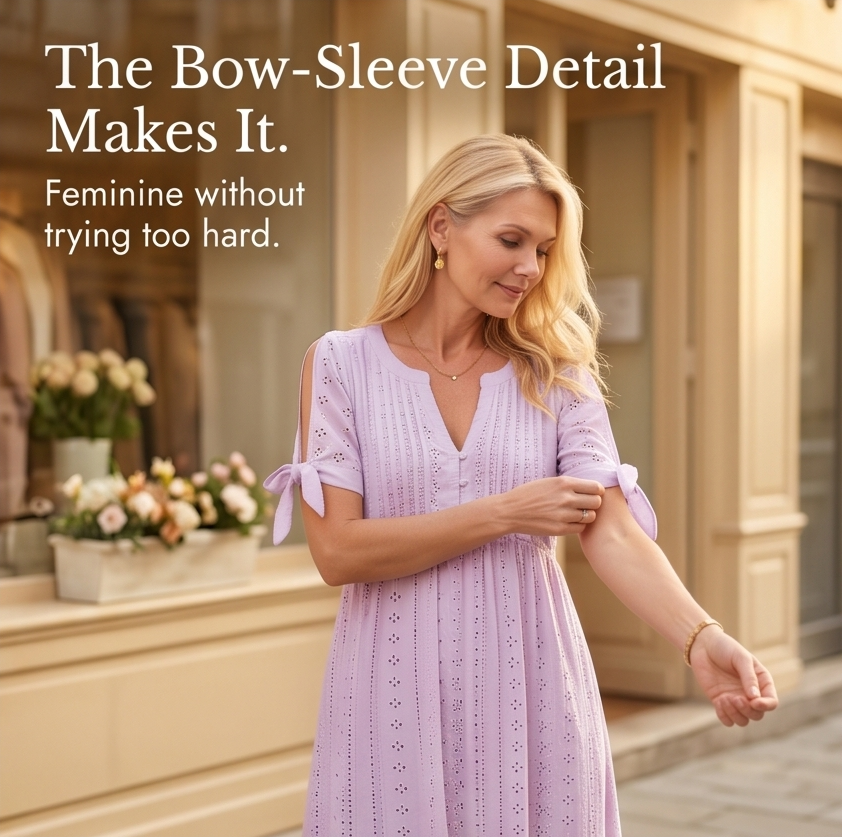 Eyelet Midi Dress with Tie-Bow Sleeves — View 9 | Clova