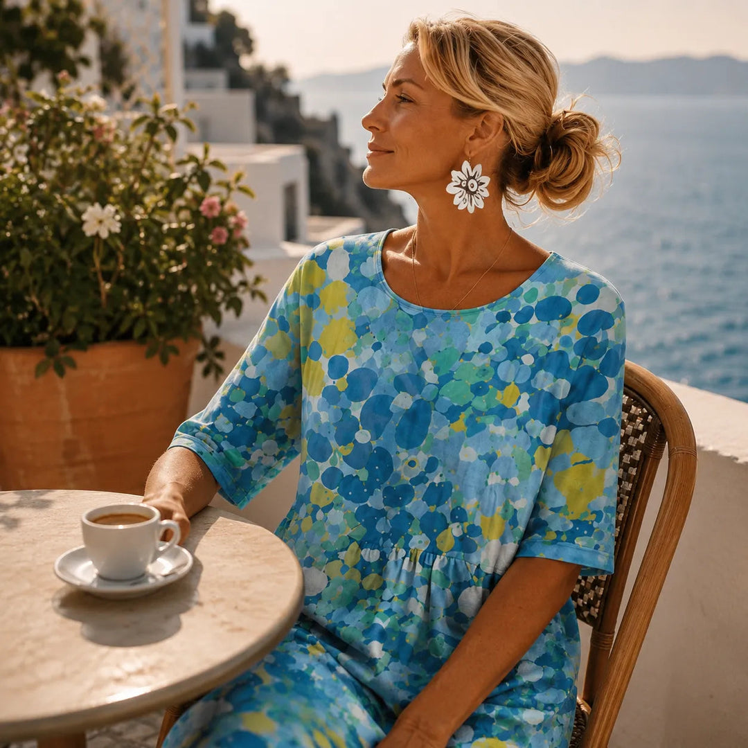 Watercolor print flowing midi dress with pockets