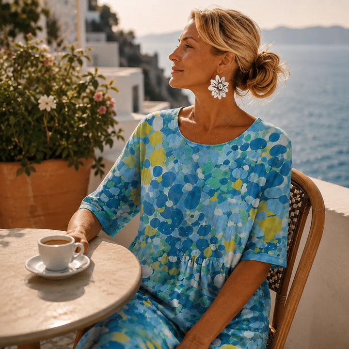 Watercolor print flowing midi dress with pockets