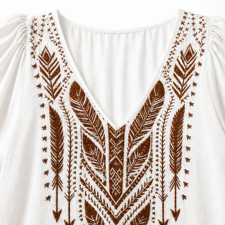 Embroidered Boho Blouse, V-Neck, Balloon Sleeve