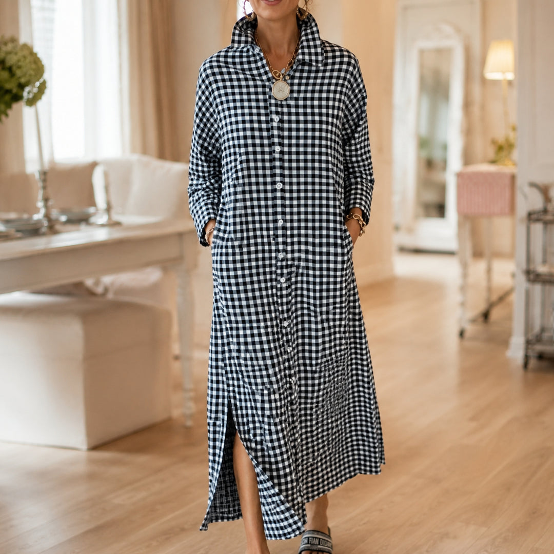 Gingham Button-Front Maxi Shirt Dress with Side Slits