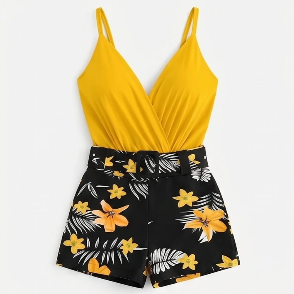 Wrap V-Neck Summer Set with Floral Shorts