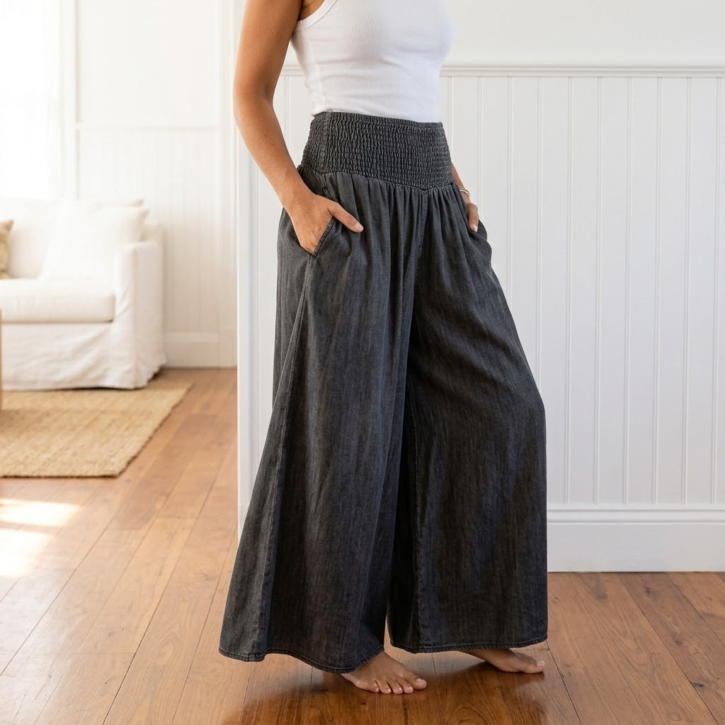 Smocked Waist Wide Leg Palazzo Pants