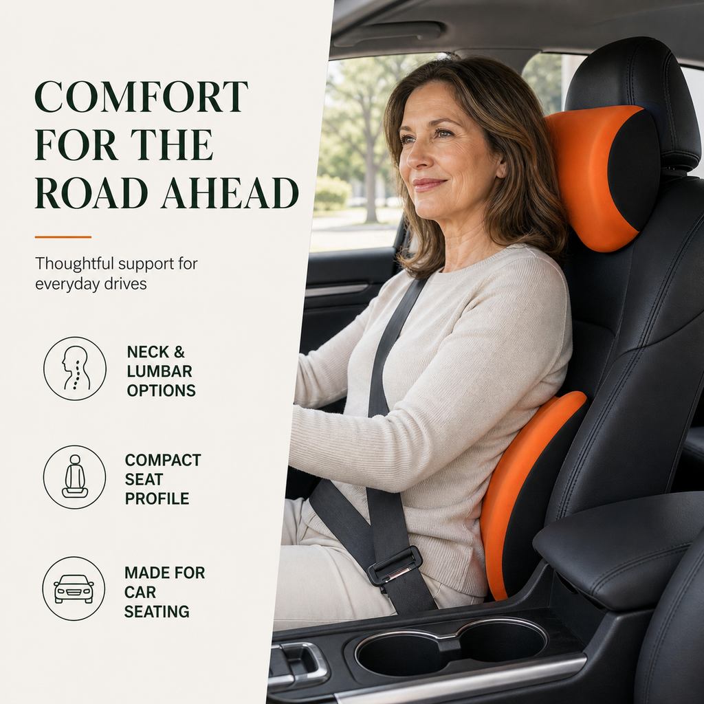 Orange neck and lumbar cushions in a car seat with everyday driving comfort guidance