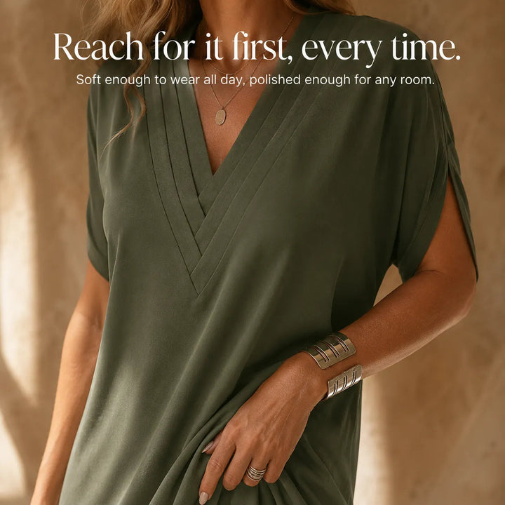 Pleated V-Neck Soft-Drape Shift Dress