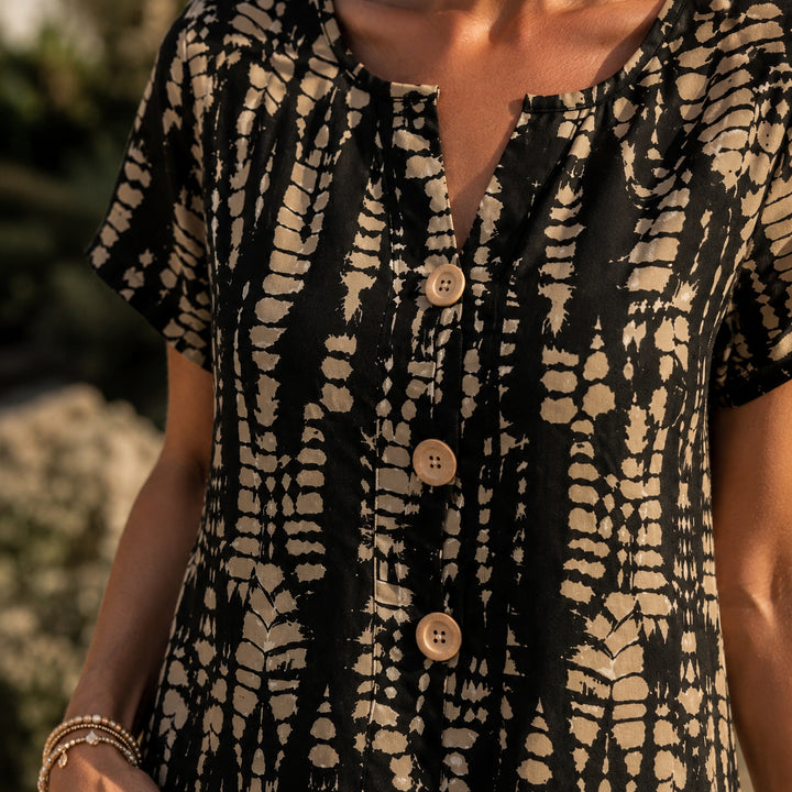 Printed A-Line Shift Dress with Short Sleeves &amp; Buttons