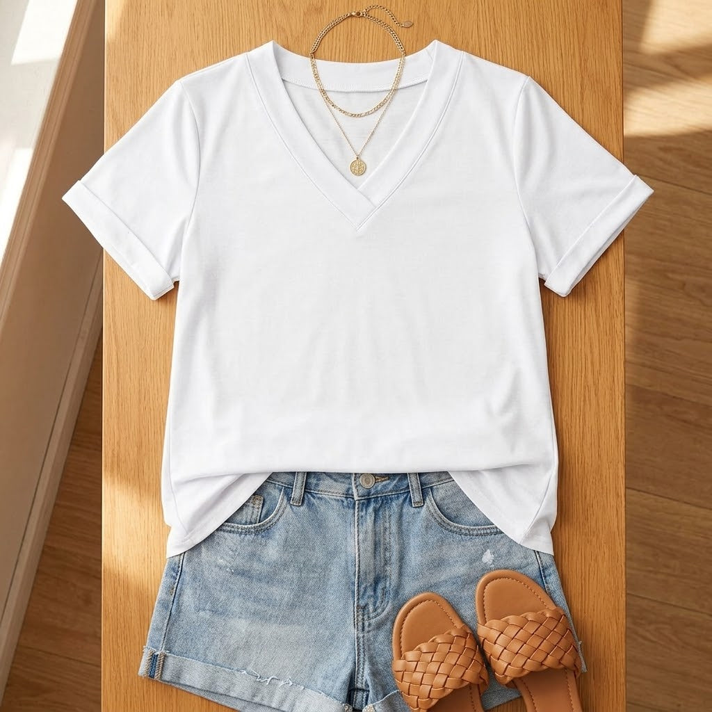 Soft V-Neck Tee with Rolled Cuffs