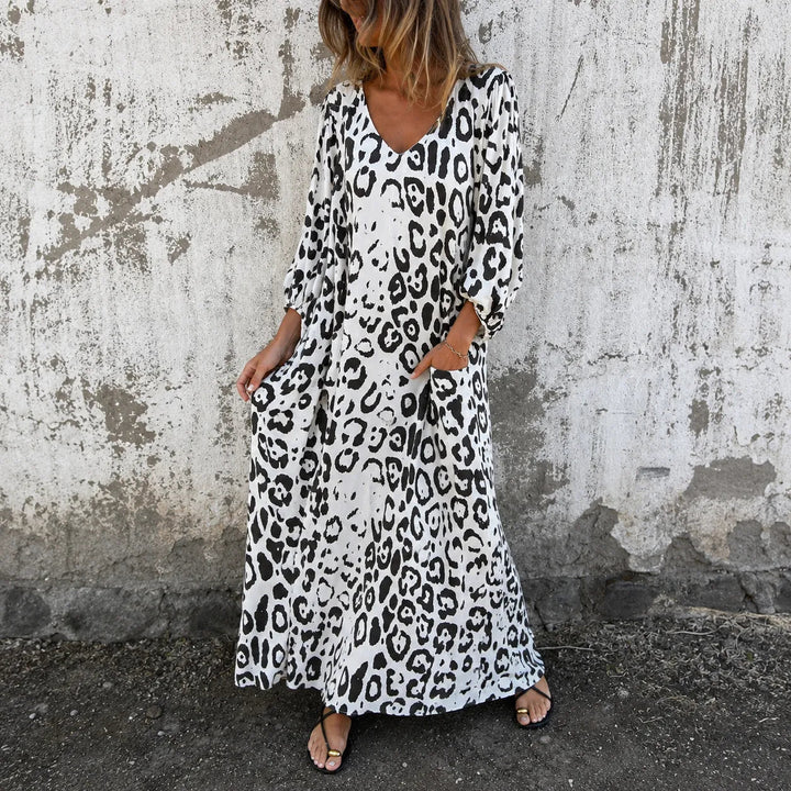 Leopard Print V-Neck Maxi Dress with Pockets, Loose Kaftan Fit, 4 Colors