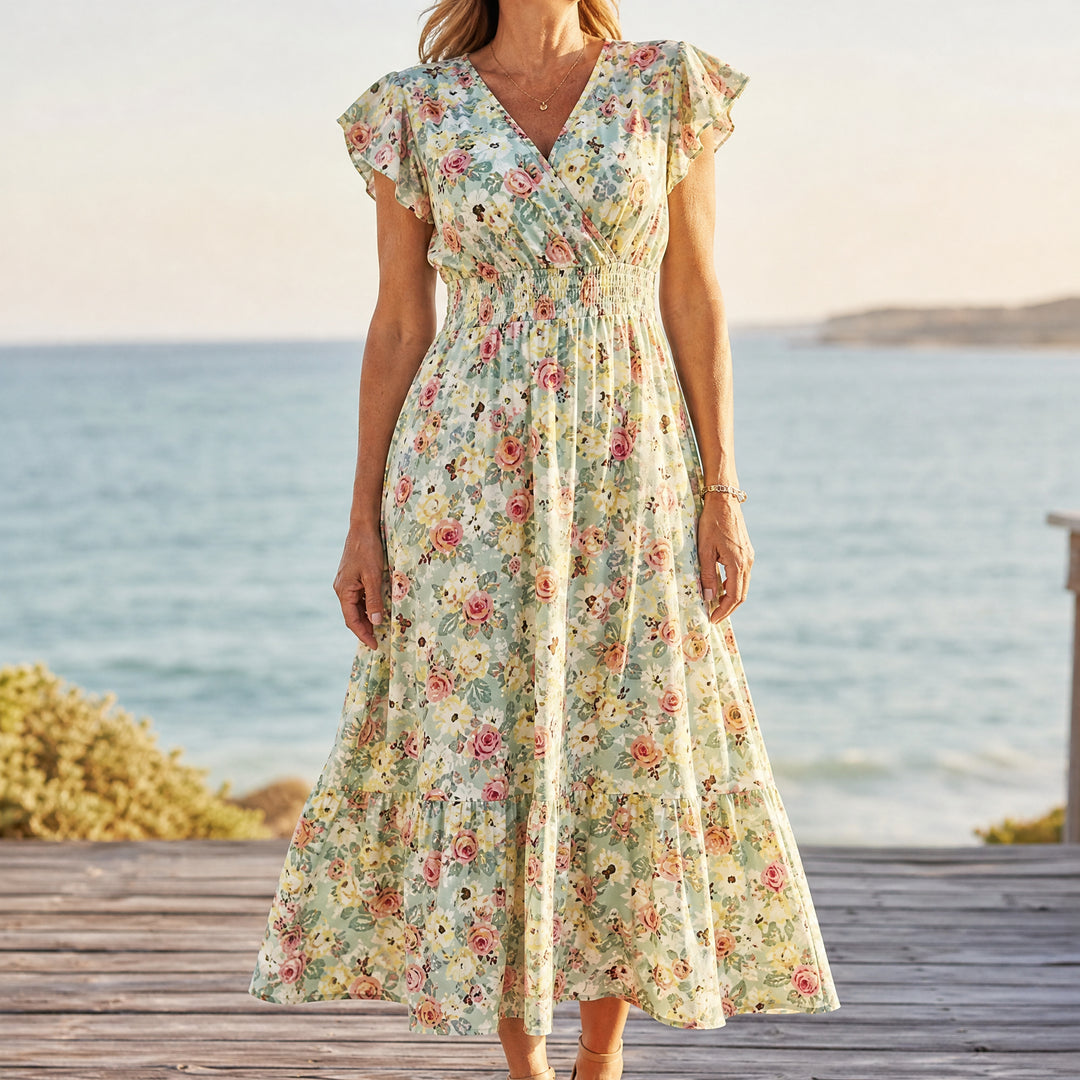 Floral V-Neck Smocked Waist Midi Dress