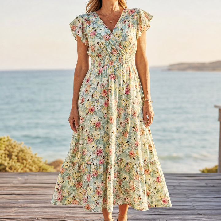 Floral V-Neck Smocked Waist Midi Dress