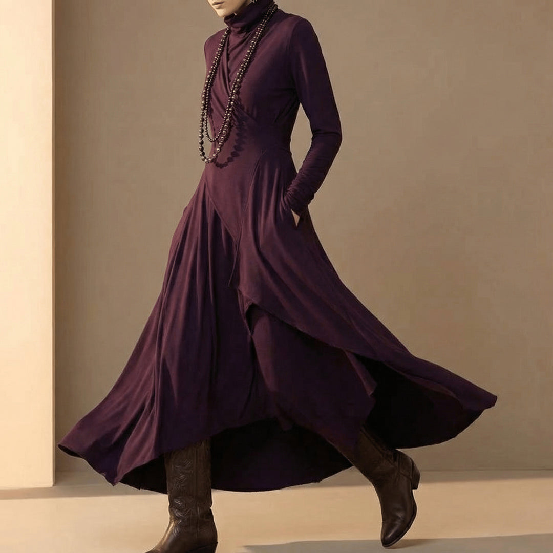 Asymmetrical Draped High Neck Maxi Dress
