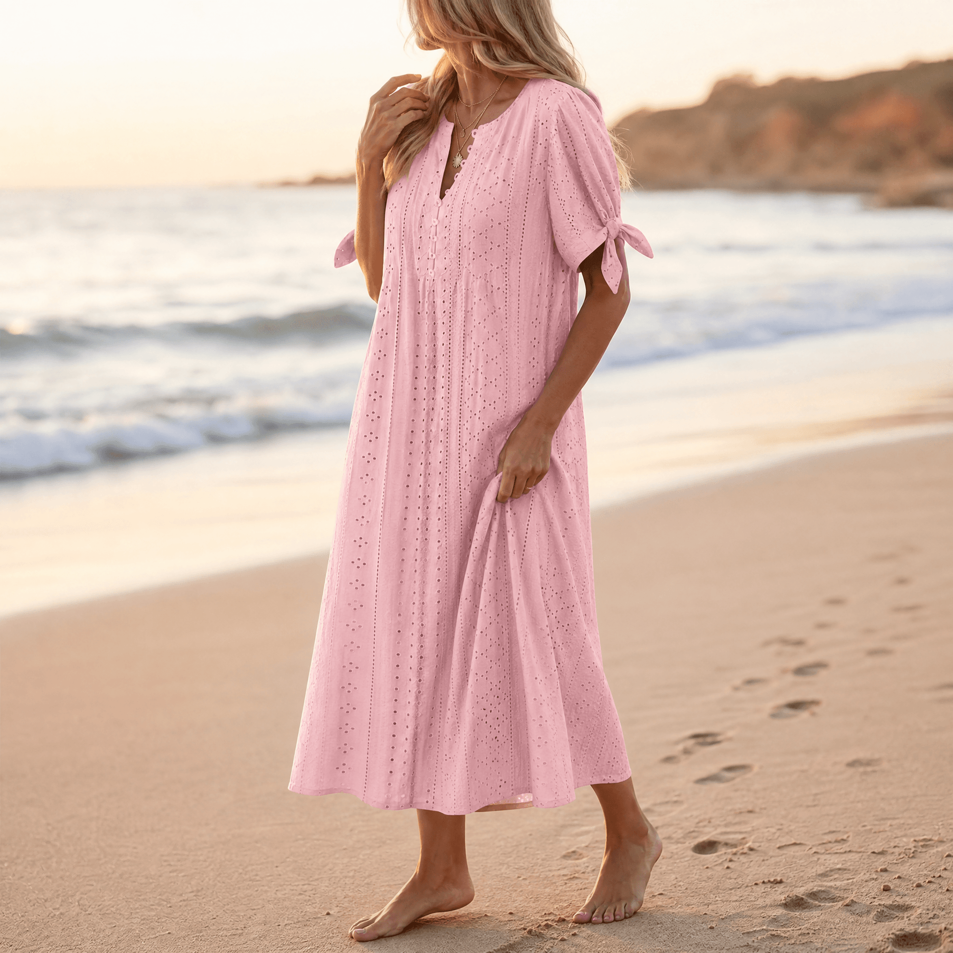 Eyelet Midi Dress with Tie-Bow Sleeves — View 13 | Clova