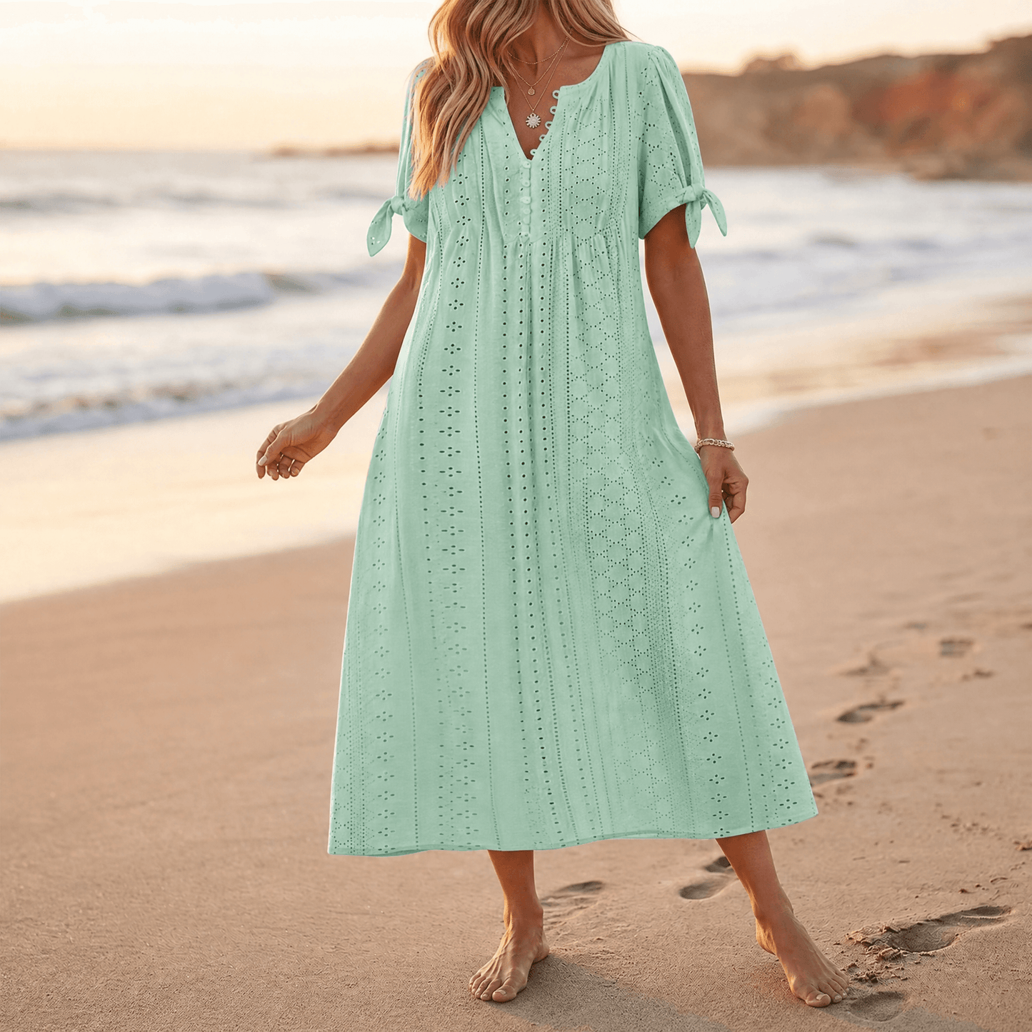 Eyelet Midi Dress with Tie-Bow Sleeves — View 15 | Clova