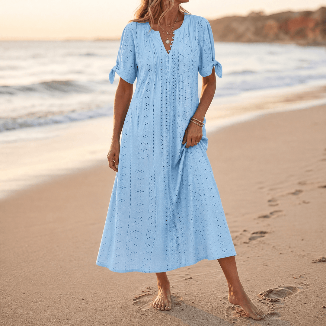 Eyelet Midi Dress with Tie-Bow Sleeves — View 14 | Clova