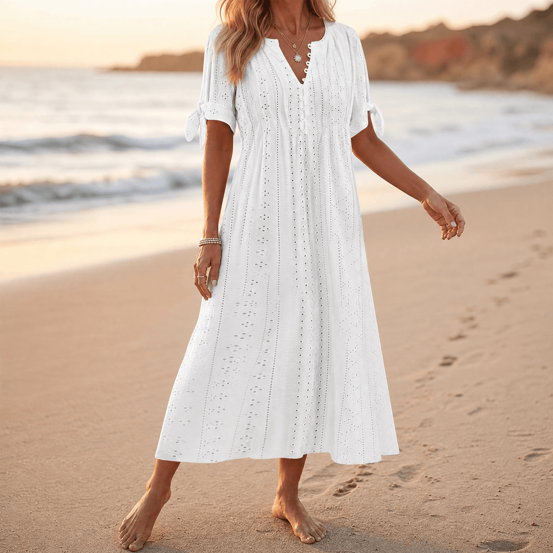 Eyelet Midi Dress with Tie-Bow Sleeves — View 12 | Clova