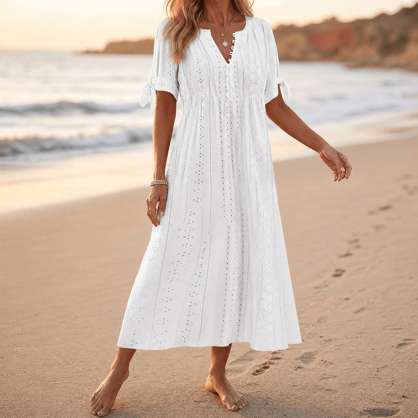 Eyelet Midi Dress with Tie-Bow Sleeves — View 12 | Clova