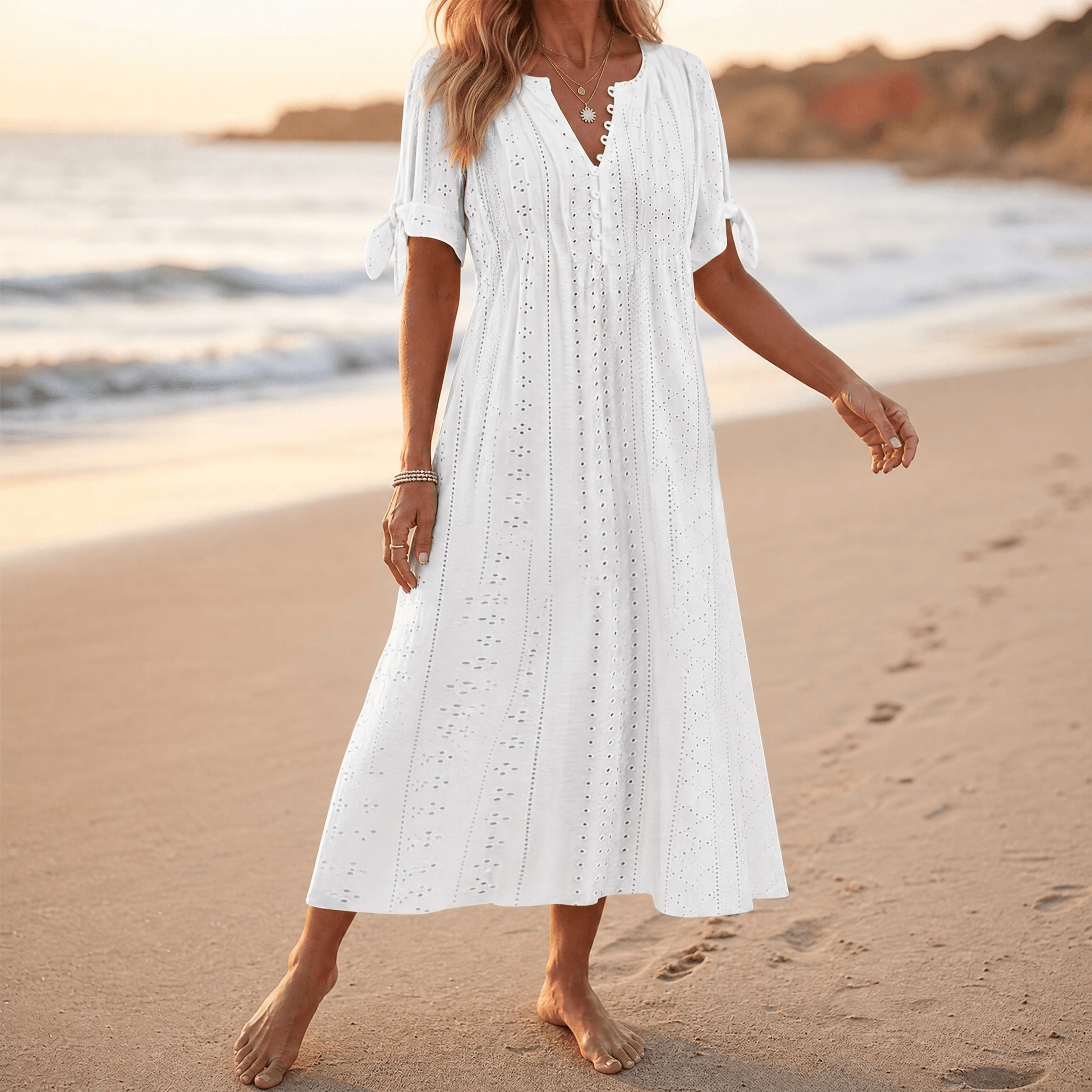 Eyelet Midi Dress with Tie-Bow Sleeves — View 12 | Clova