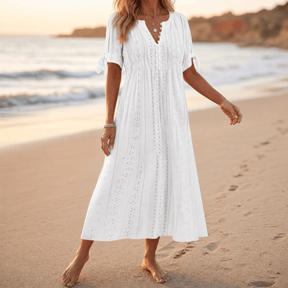 Eyelet Midi Dress with Tie-Bow Sleeves — View 12 | Clova