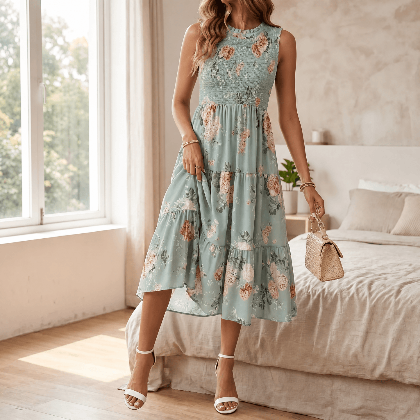 Smocked Floral Midi Dress — View 15 | Clova