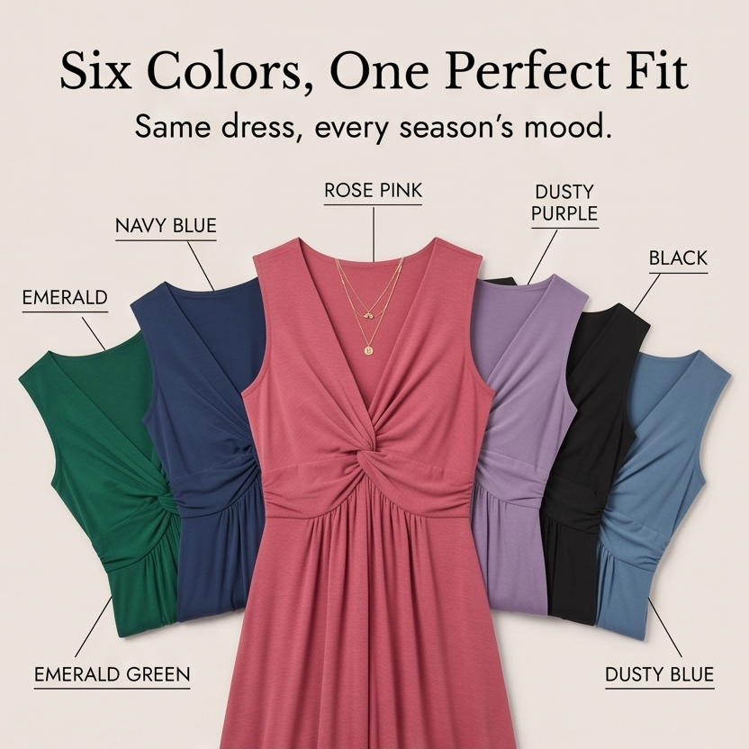 Twist-Front V-Neck Midi Dress — View 8 | Clova