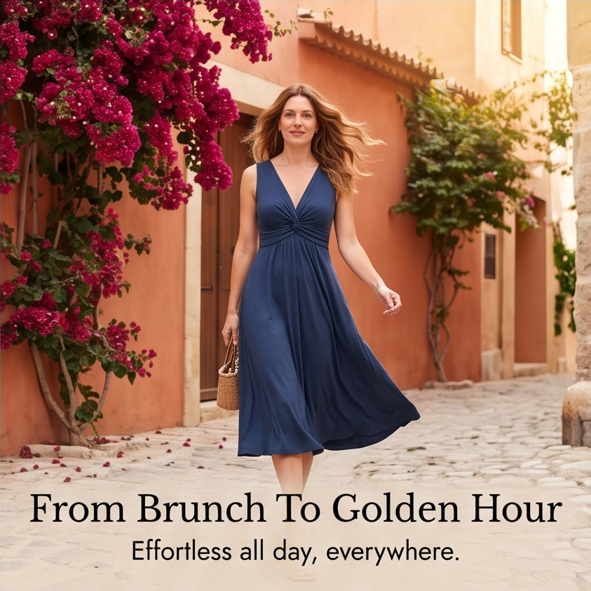 Twist-Front V-Neck Midi Dress — View 10 | Clova