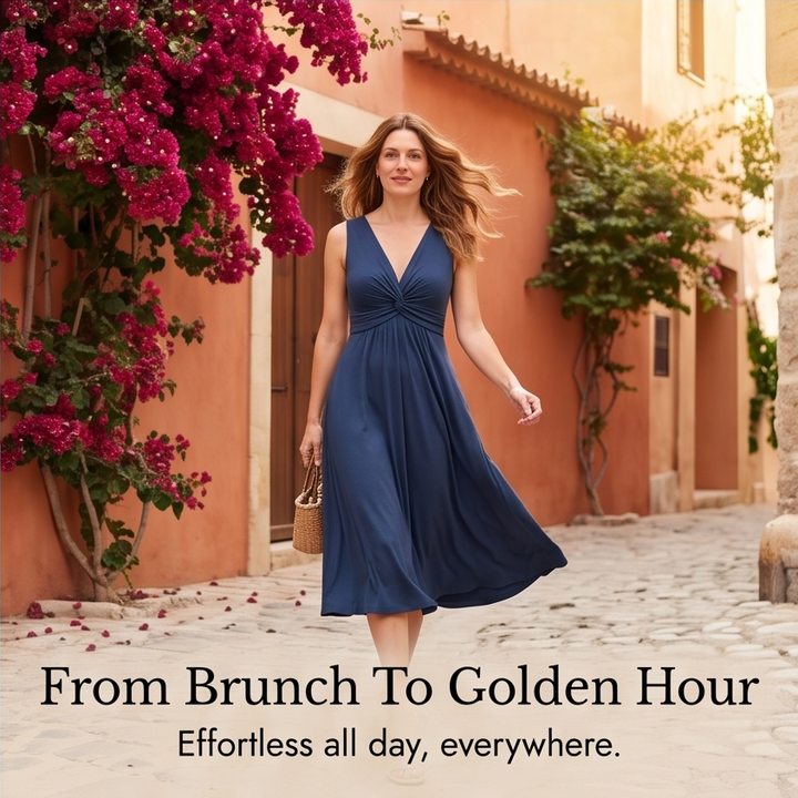 Twist-Front V-Neck Midi Dress — View 10 | Clova