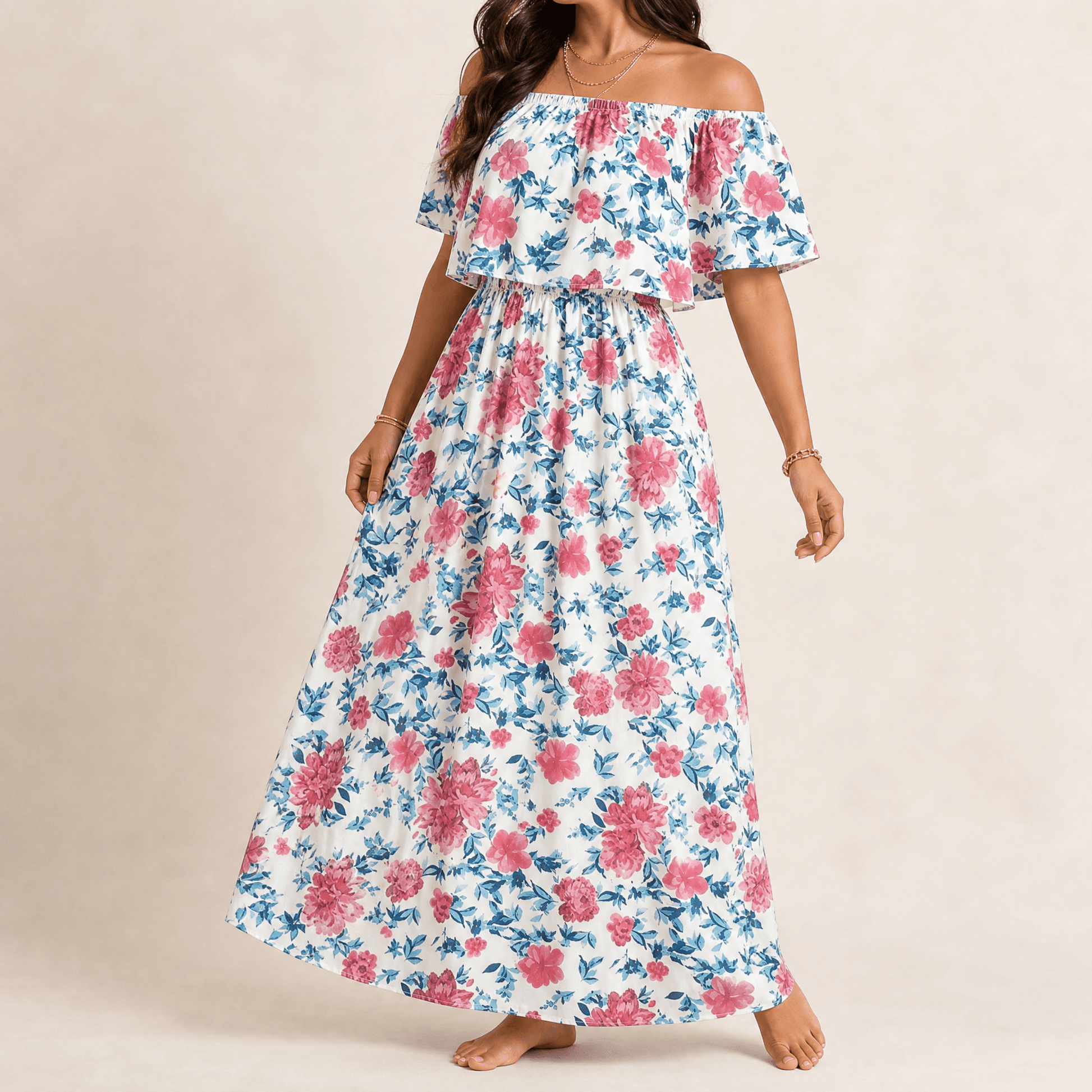 Off-Shoulder Floral Maxi Dress with Hidden Pockets — View 19 | Clova