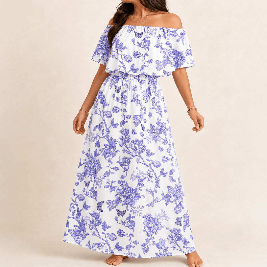 Off-Shoulder Floral Maxi Dress with Hidden Pockets — View 18 | Clova