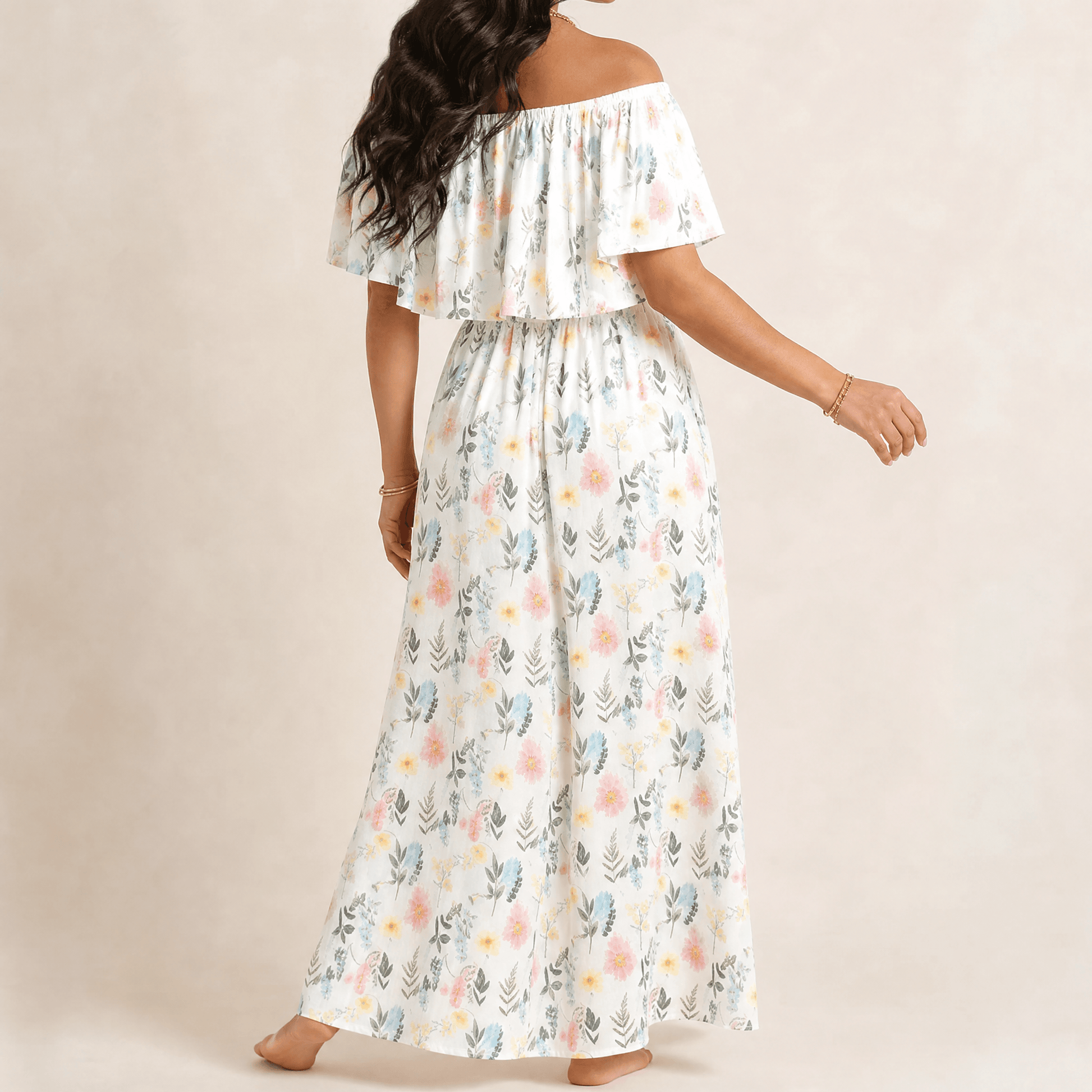 Off-Shoulder Floral Maxi Dress with Hidden Pockets — View 16 | Clova
