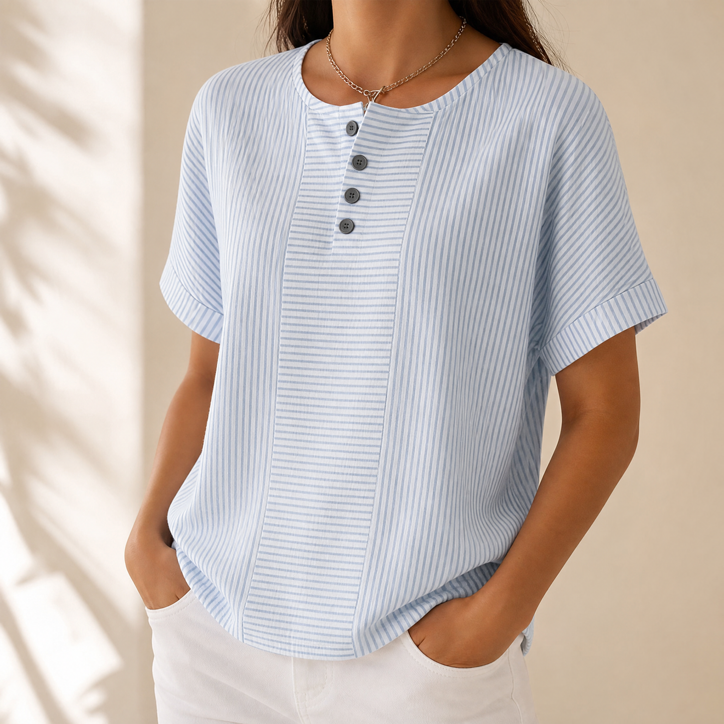 Striped Henley Top with Slimming Stripe Panel | Clova Women's Fashion