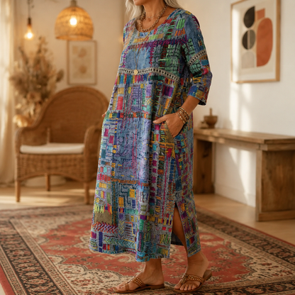 Painterly Patchwork Midi Dress — View 2 | Clova
