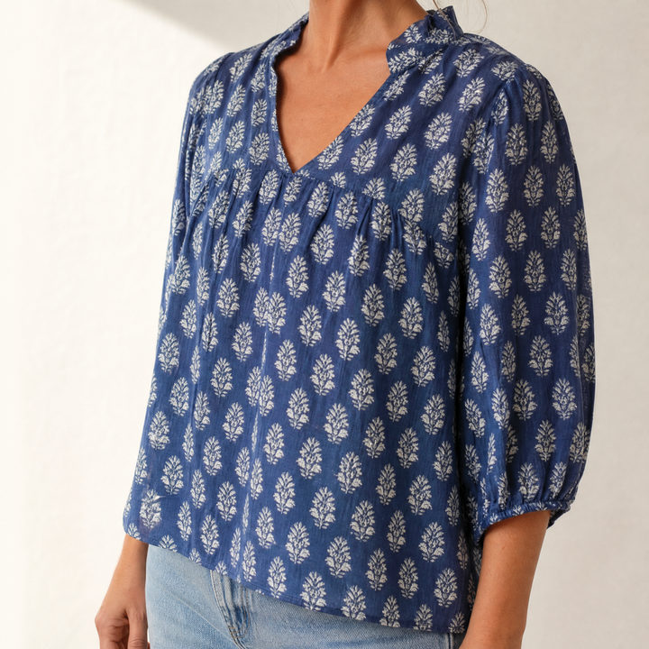 Block-Print V-Neck Summer Blouse | Clova Women&