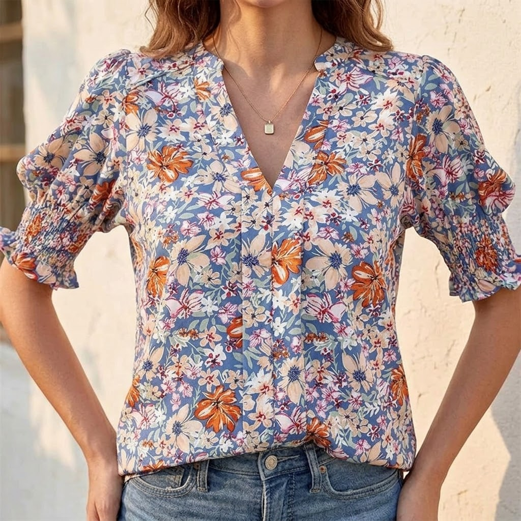 Floral Puff Sleeve V-Neck Blouse | Clova Women's Fashion