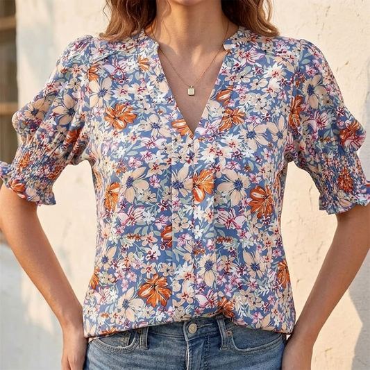 Floral Puff Sleeve V-Neck Blouse | Clova Women's Fashion