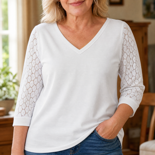 Crochet Lace Sleeve V-Neck Top | Clova Women's Fashion