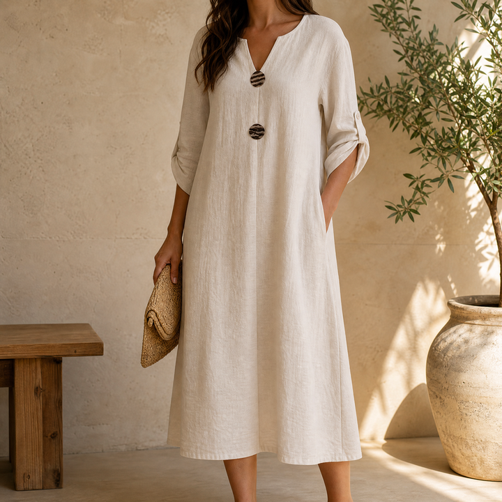 Flowy V-Neck Midi Dress with Wooden Buttons | Clova Women&