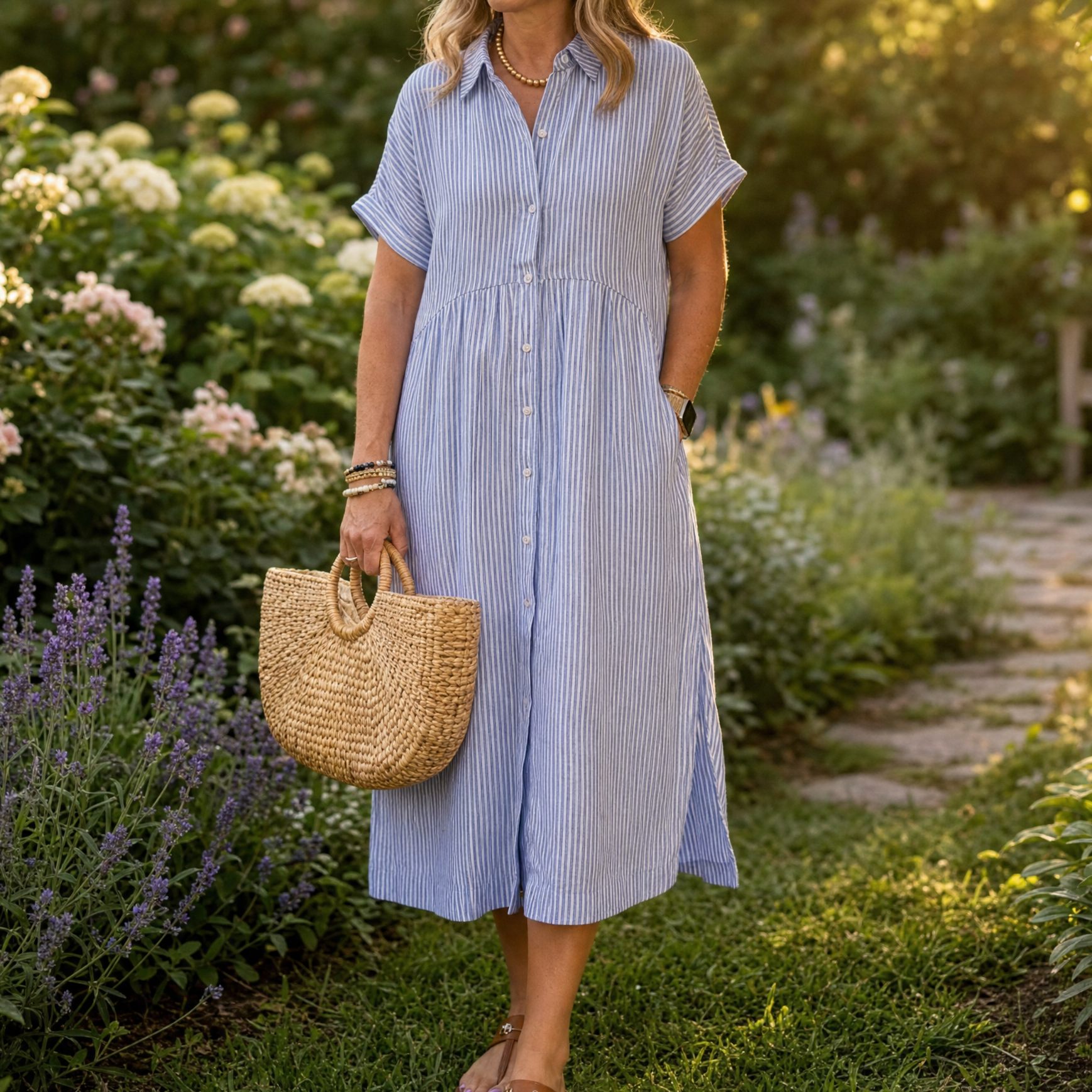 Airy Striped Midi Shirt Dress | Clova Women's Fashion
