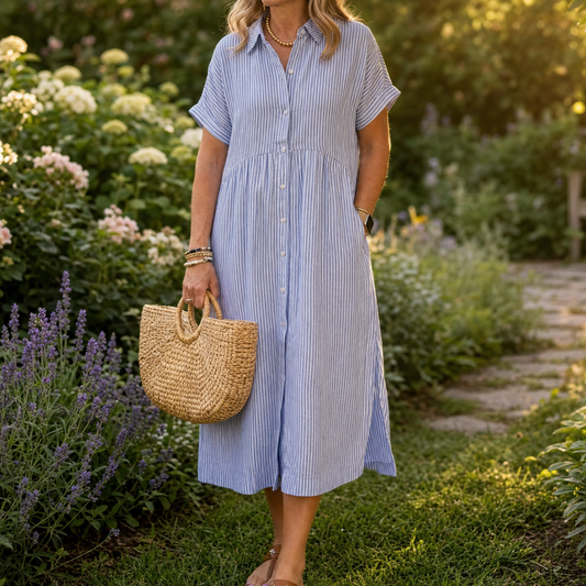 Airy Striped Midi Shirt Dress | Clova Women's Fashion