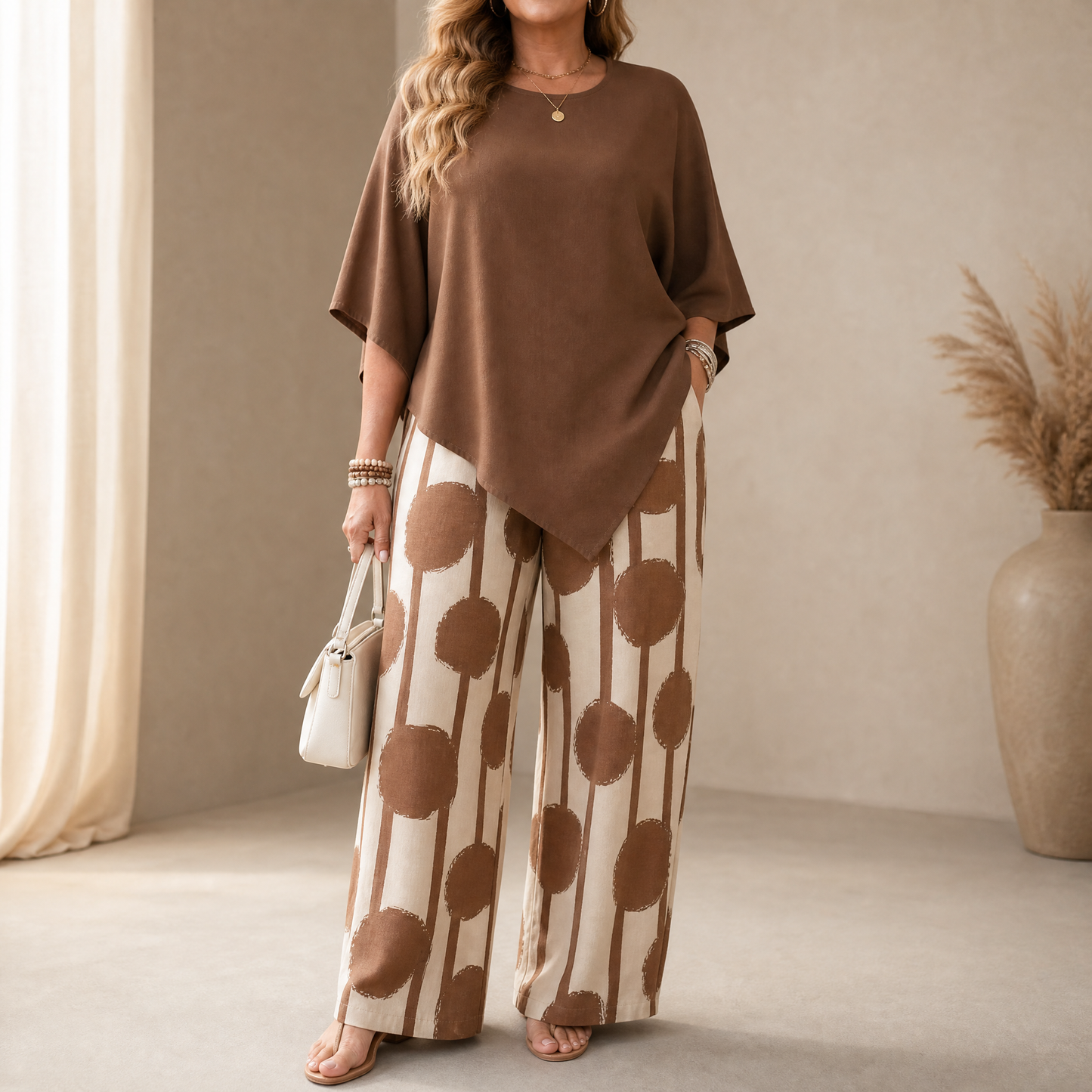 Asymmetric Drape 2-Piece Set with Wide-Leg Print Pants — View 2 | Clova