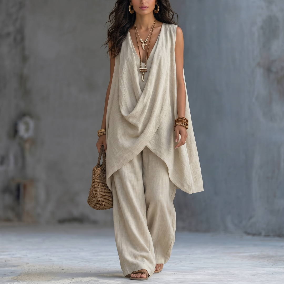 Draped Linen Two-Piece Set | Clova Women's Fashion
