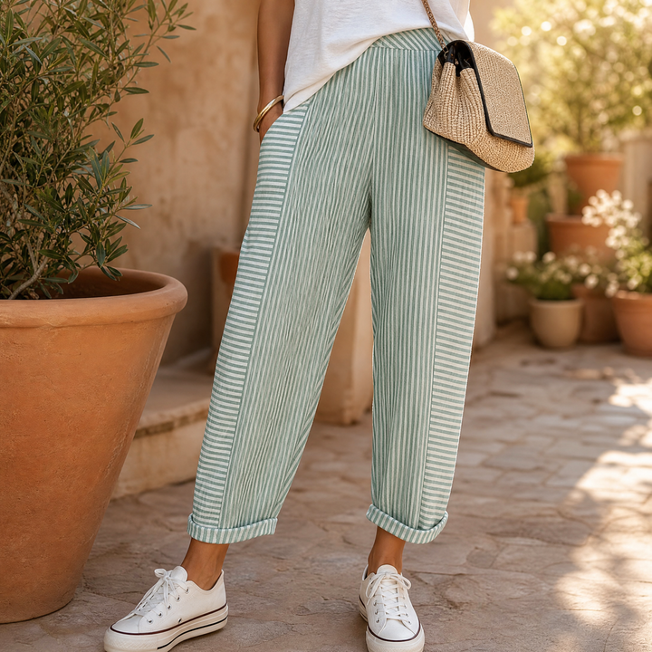 Striped Linen Pants with Elastic Waist | Clova Women&