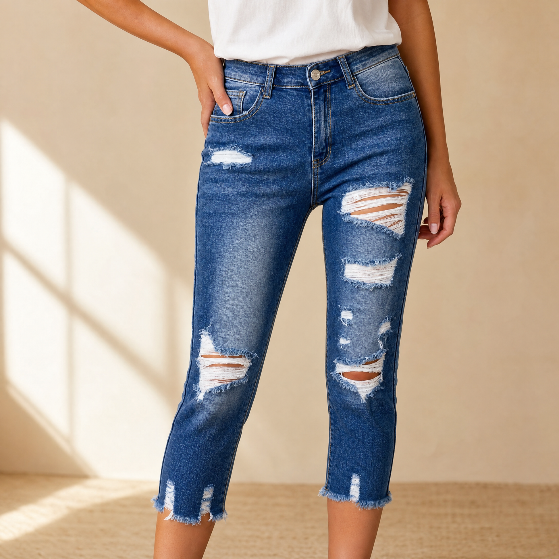 Soft Cotton Frayed-Hem Capri Jeans | Clova Women's Fashion