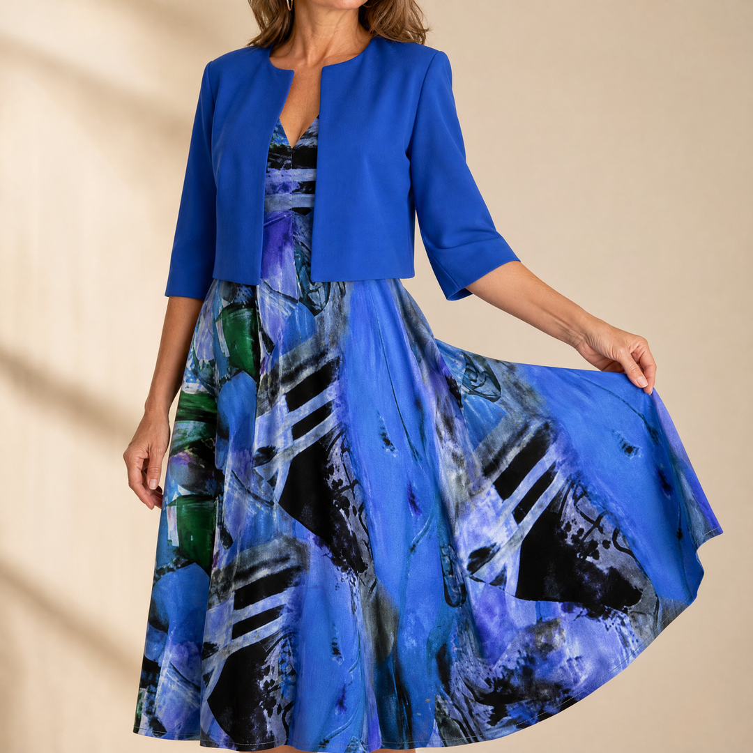 Printed Midi Dress with Attached Cardigan | Clova Women's Fashion