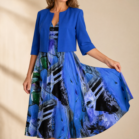 Printed Midi Dress with Attached Cardigan | Clova Women's Fashion