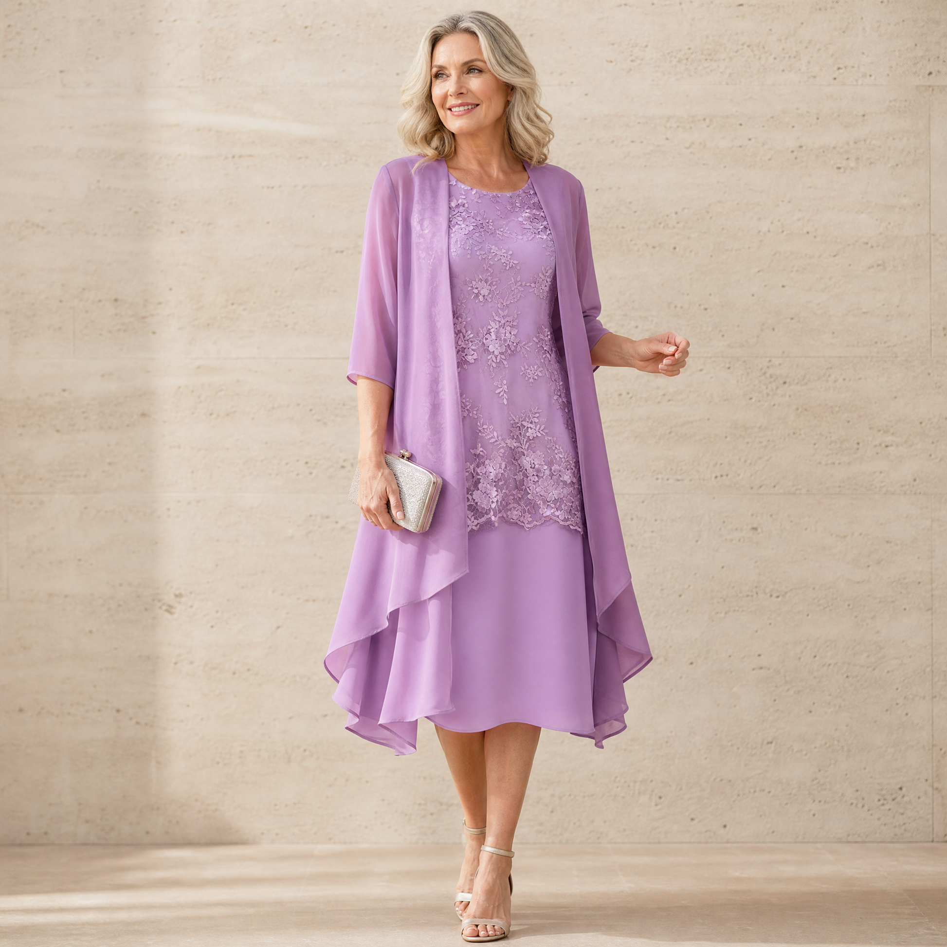 Lunavia Floral Lace Dress Set with Chiffon Shawl — View 2 | Clova