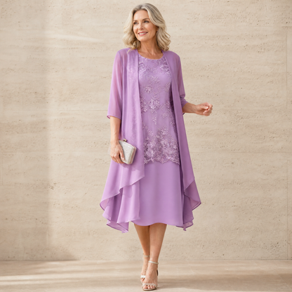 Lunavia Floral Lace Dress Set with Chiffon Shawl — View 2 | Clova