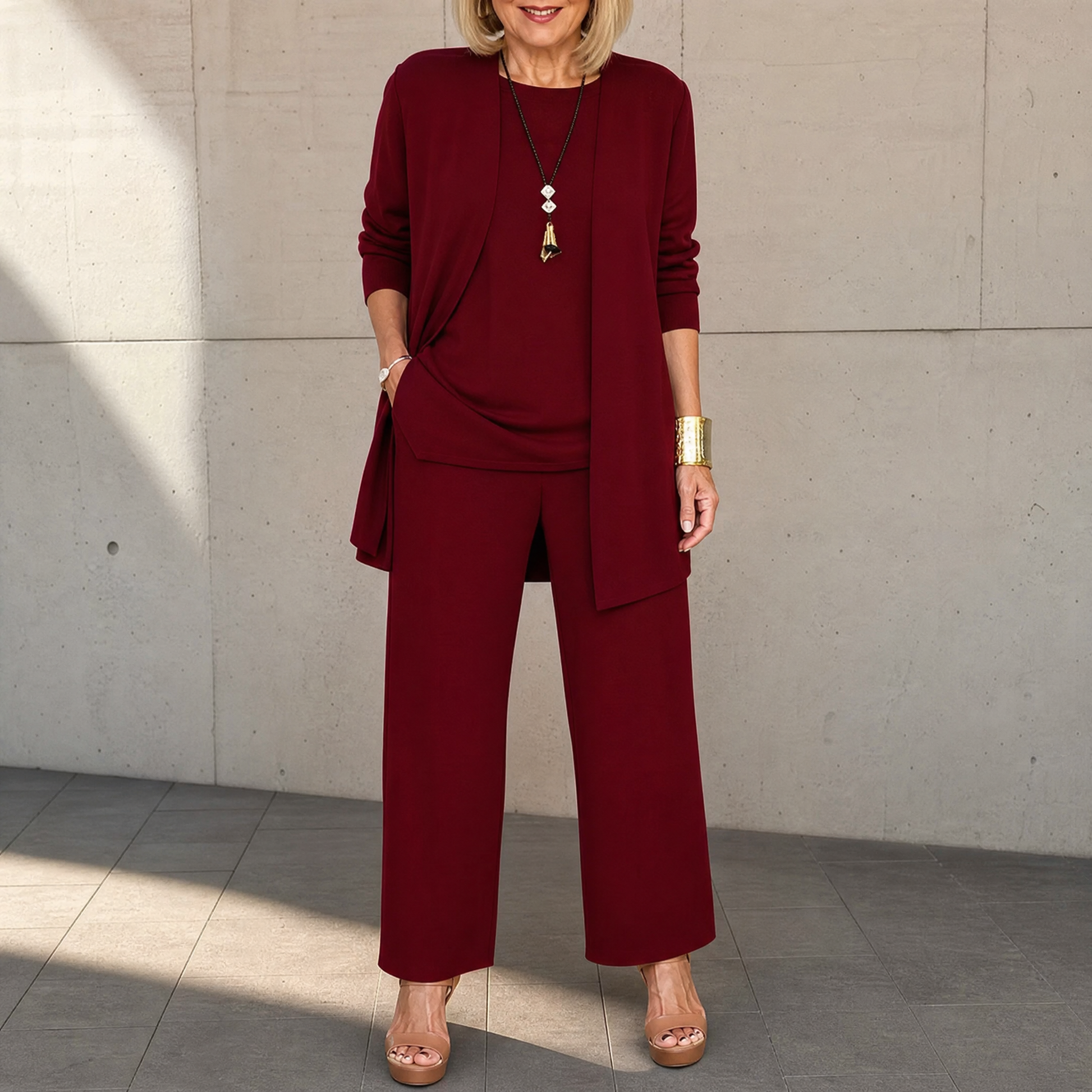 Maevelle Elegant 3-Piece Set with Drape Cardigan | Clova Women's Fashion