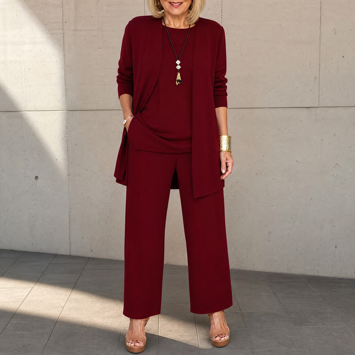 Maevelle Elegant 3-Piece Set with Drape Cardigan | Clova Women&