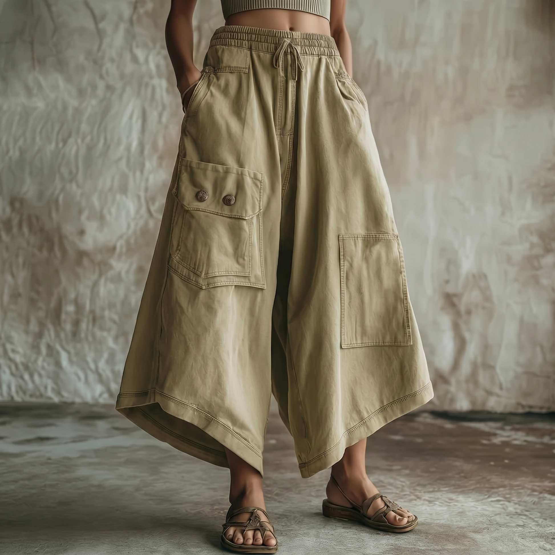 Wide-Leg Cargo Culottes with Asymmetric Hem | Clova Women's Fashion